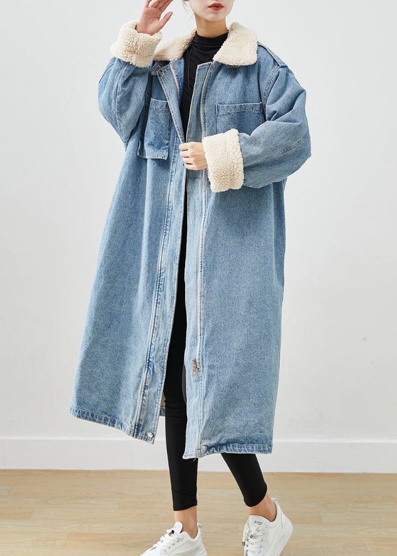 Elegante Blå Overdimensjonerte Lommer Fleece Ull Fôret Denim Trench Fall