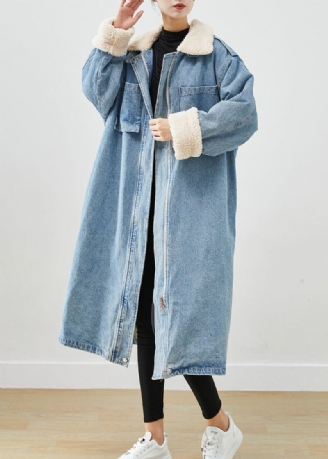 Elegante Blå Overdimensjonerte Lommer Fleece Ull Fôret Denim Trench Fall