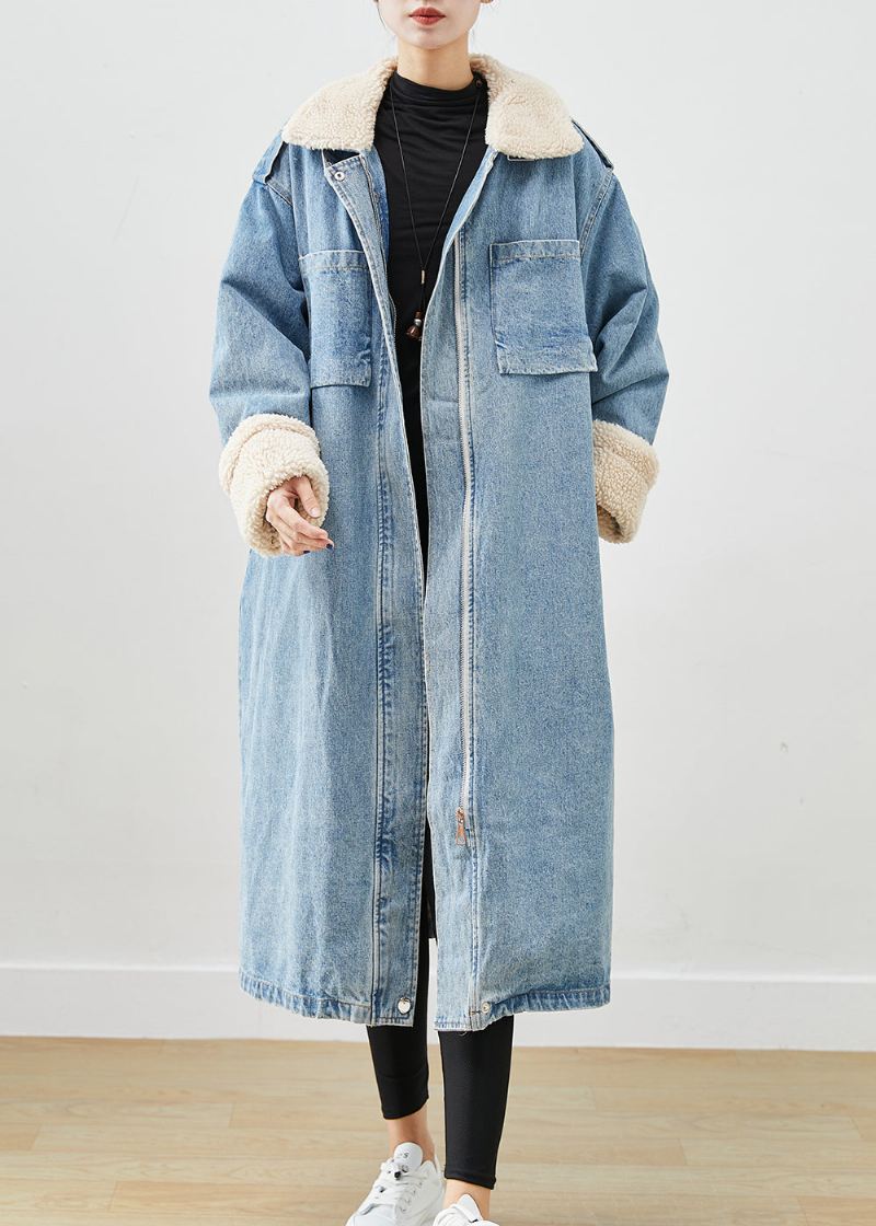 Elegante Blå Overdimensjonerte Lommer Fleece Ull Fôret Denim Trench Fall - Ullkåper for kvinner