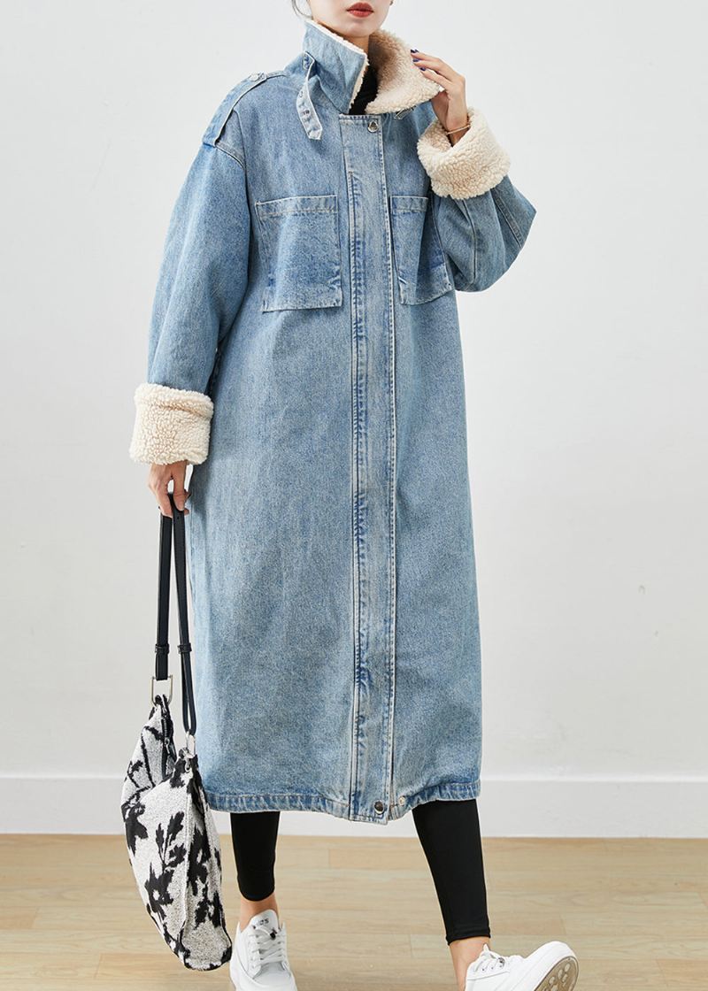 Elegante Blå Overdimensjonerte Lommer Fleece Ull Fôret Denim Trench Fall - Ullkåper for kvinner