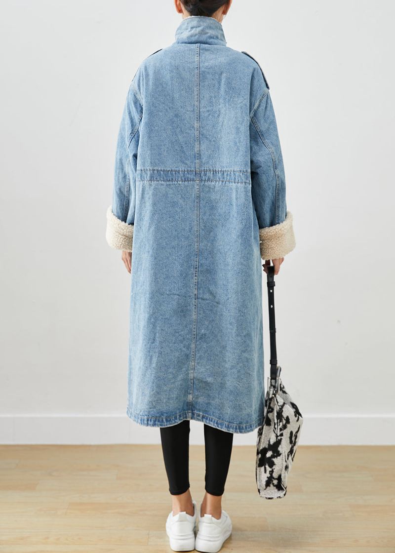 Elegante Blå Overdimensjonerte Lommer Fleece Ull Fôret Denim Trench Fall - Ullkåper for kvinner