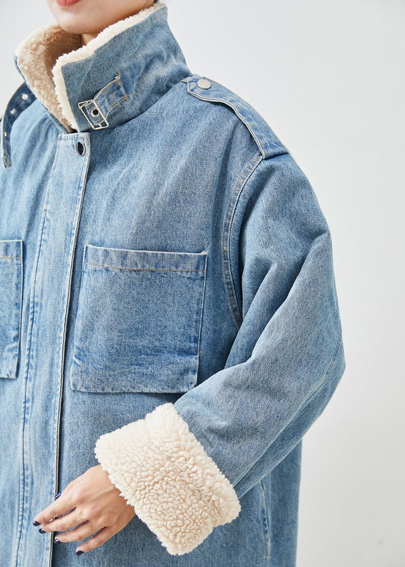 Elegante Blå Overdimensjonerte Lommer Fleece Ull Fôret Denim Trench Fall - Ullkåper for kvinner