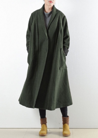 Elegante Grønne Lommer Med Hakk I Ull Trench Coats Langermet