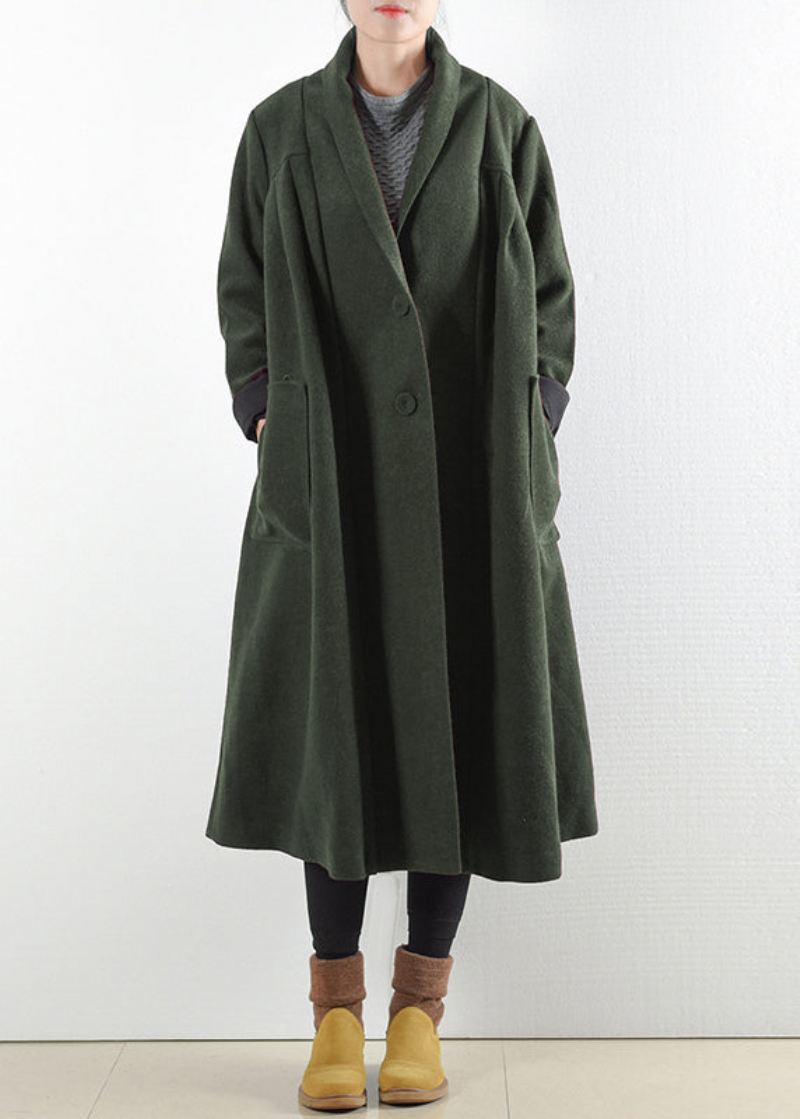 Elegante Grønne Lommer Med Hakk I Ull Trench Coats Langermet - Ullkåper for kvinner