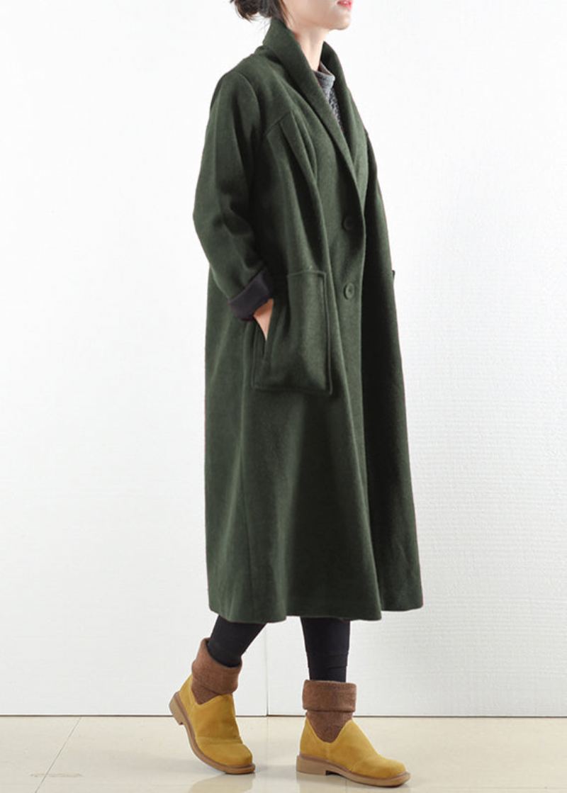 Elegante Grønne Lommer Med Hakk I Ull Trench Coats Langermet - Ullkåper for kvinner