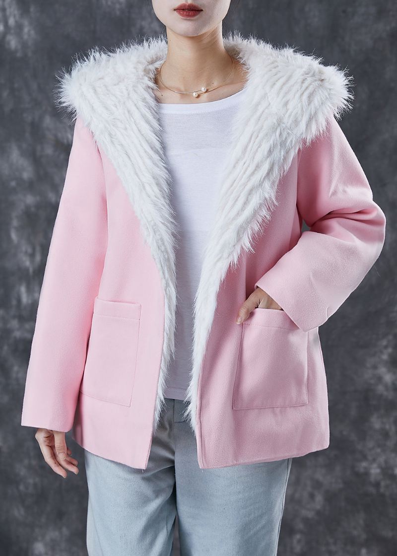 Elegante Rosa Hettelommer Fuzzy Fox Fôret Ullfrakk Vinter - Ullkåper for kvinner