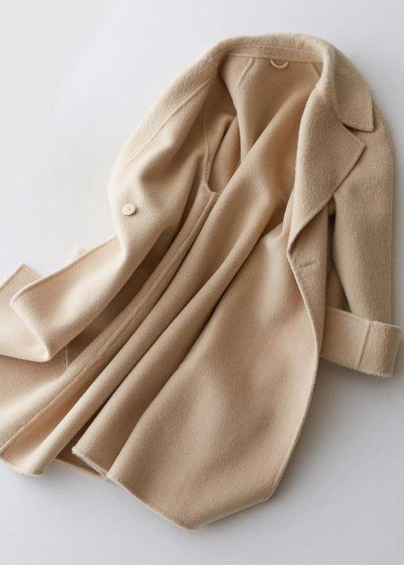 Elegante Trendy Pluss-størrelse Mellomlange Kåper Doble Brystjakker Beige Store Lommer Ullkåper - Ullkåper for kvinner