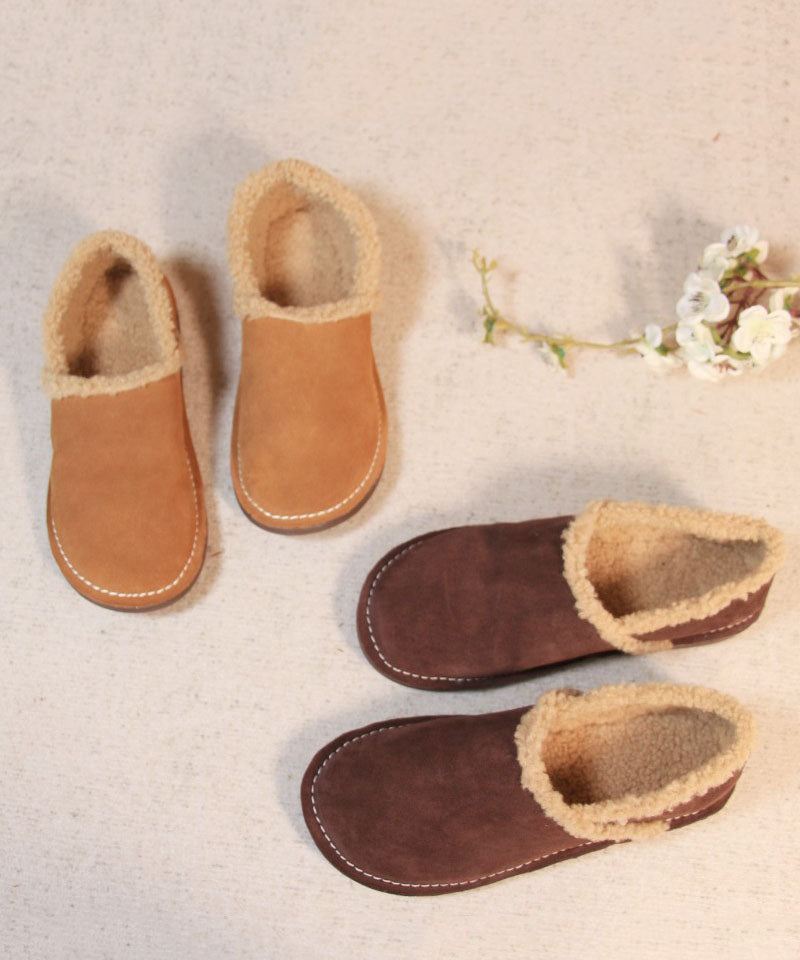 Fine Okseskinn Flate Sko Til Kvinner Khaki Fuzzy Wool Lined Flat Feet Sko