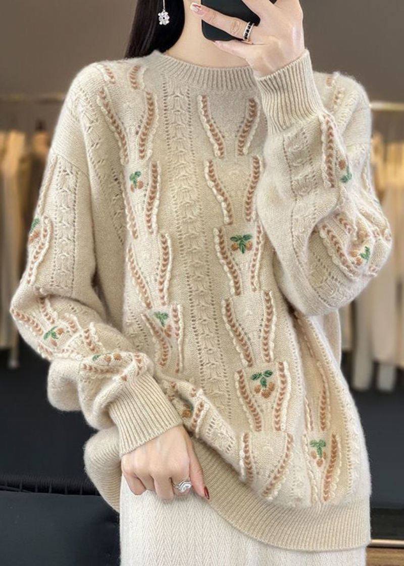 Floral Beige O Neck Hollow Out Koselige Ullgensere Våren - Ullkåper for kvinner