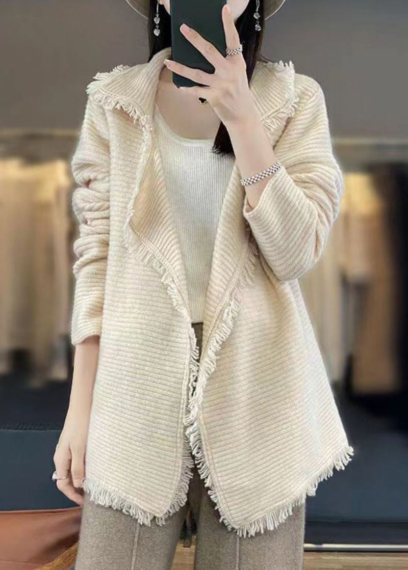 Fransk Beige Dusk Patchwork Koselig Ull Cardigan Høst - Ullkåper for kvinner