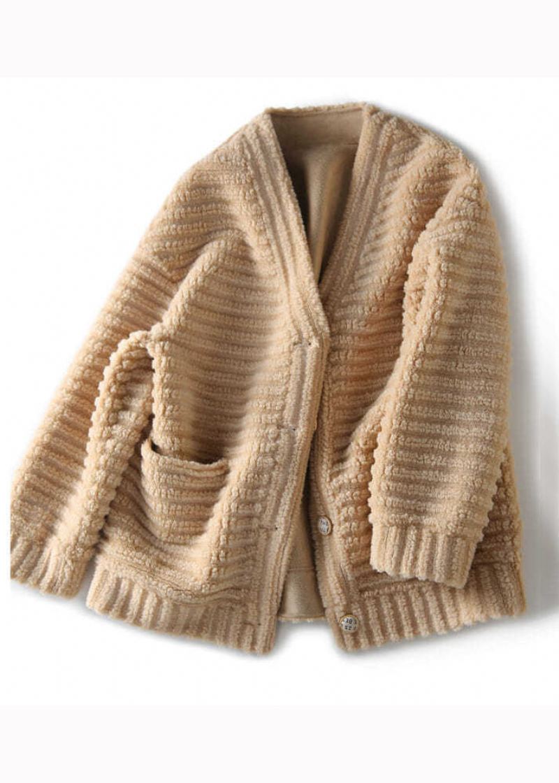 Fransk Beige V-halslommer Patchwork Ulljakker Vinter - Ullkåper for kvinner