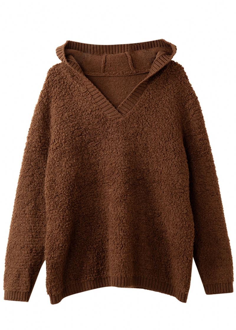 Fransk Khaki Hette Chunky Oversized Ullstrikket Genser Topper Vinter - Ullkåper for kvinner