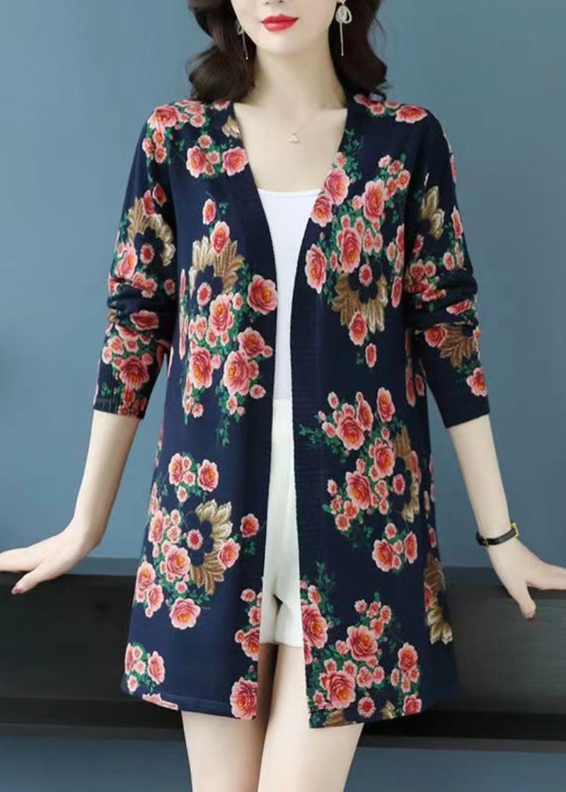 Fransk Navy Print Patchwork Ull Strikket Cardigan Spring