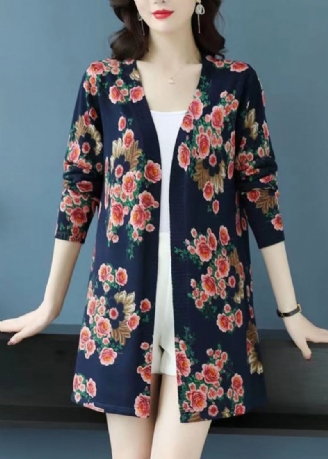 Fransk Navy Print Patchwork Ull Strikket Cardigan Spring