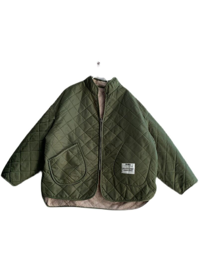 French Army Green Zip Up Bruk På Begge Sider Fleece Ull Forede Jakker Vinter - Ullkåper for kvinner