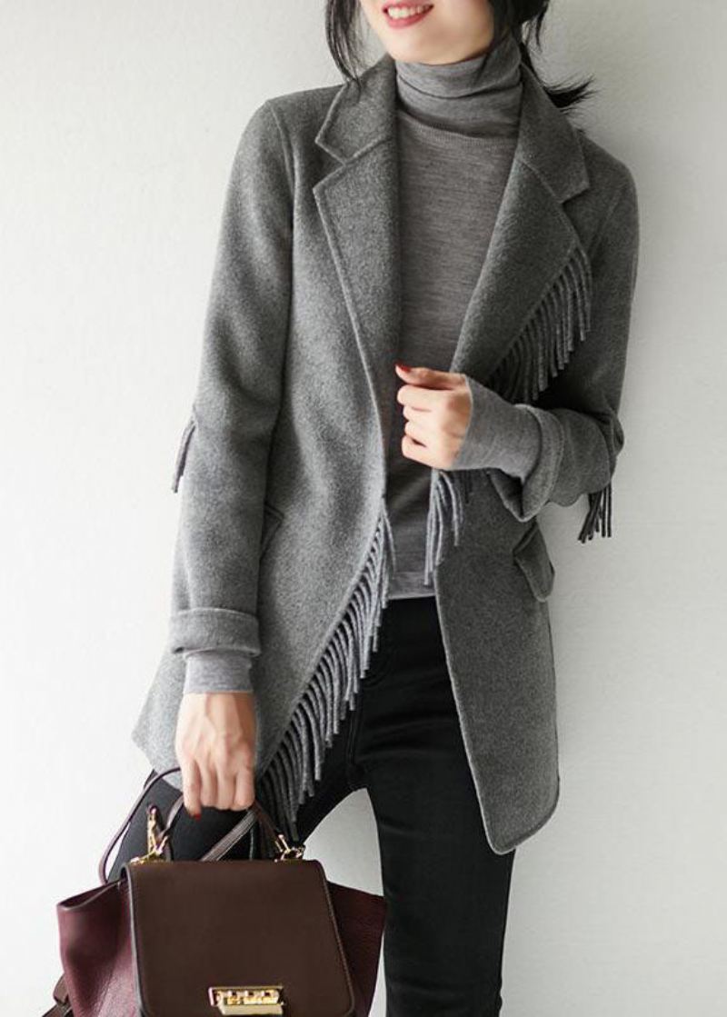 French Grey Notched Dusk Solid Woolen Blend Coat Fall