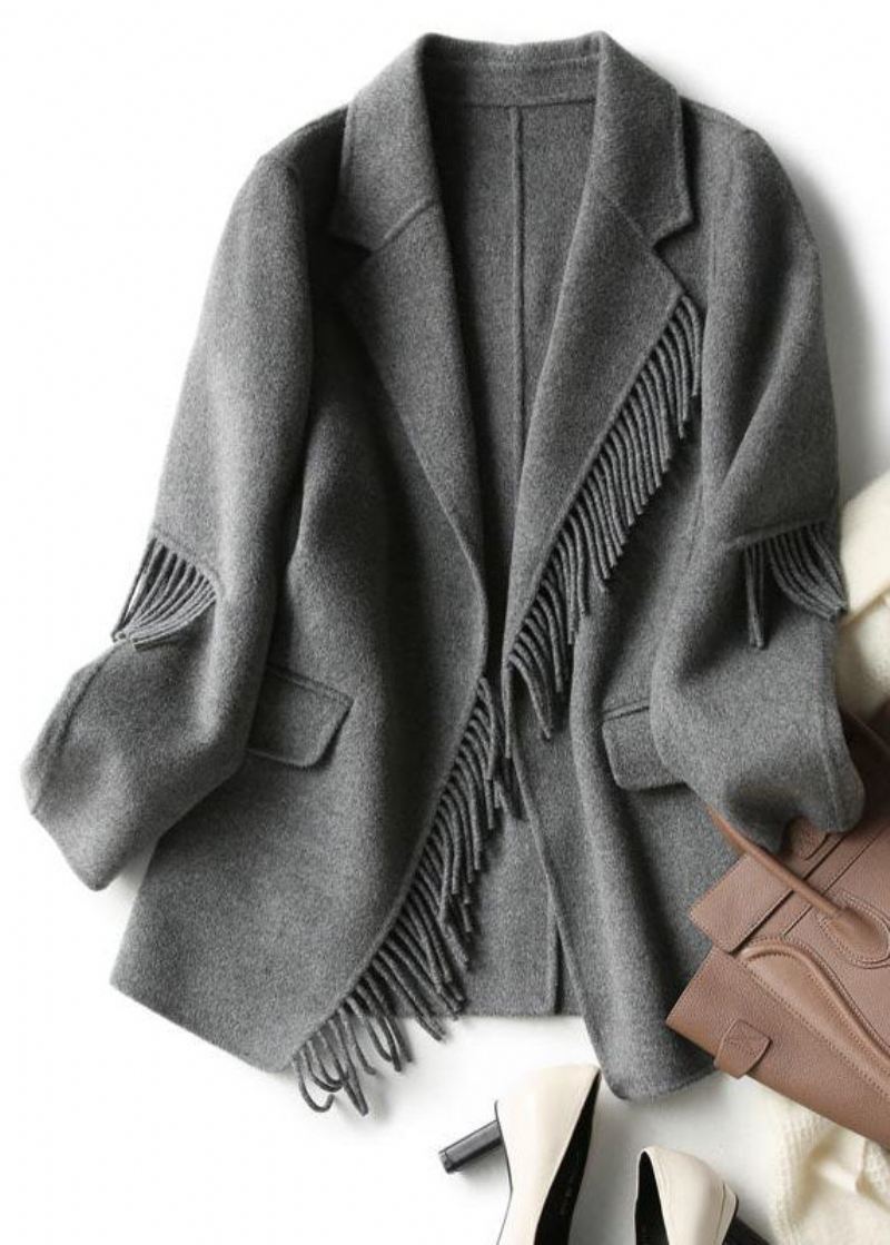 French Grey Notched Dusk Solid Woolen Blend Coat Fall - Grå