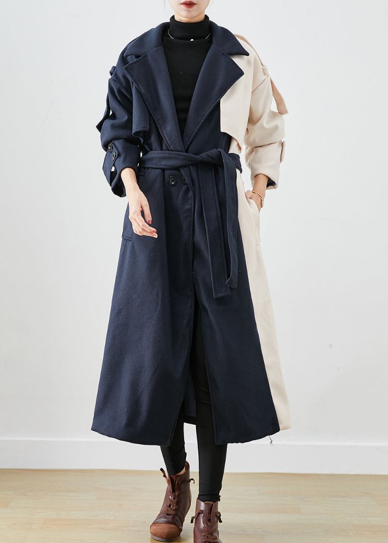 Håndlaget Navy Asymmetrisk Patchwork Ull Trench Coats Høst - Ullkåper for kvinner