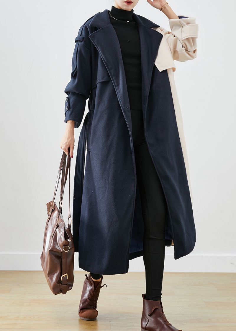 Håndlaget Navy Asymmetrisk Patchwork Ull Trench Coats Høst - Ullkåper for kvinner