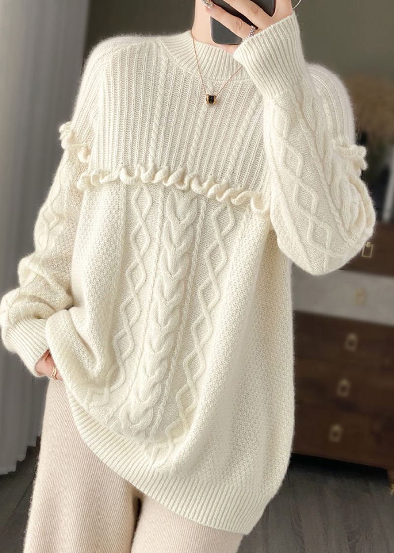 Hvit Ruffled Patchwork Koselig Ullstrikket Pullover O Neck Spring