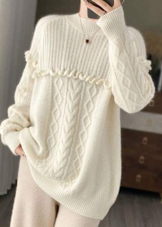 Hvit Ruffled Patchwork Koselig Ullstrikket Pullover O Neck Spring