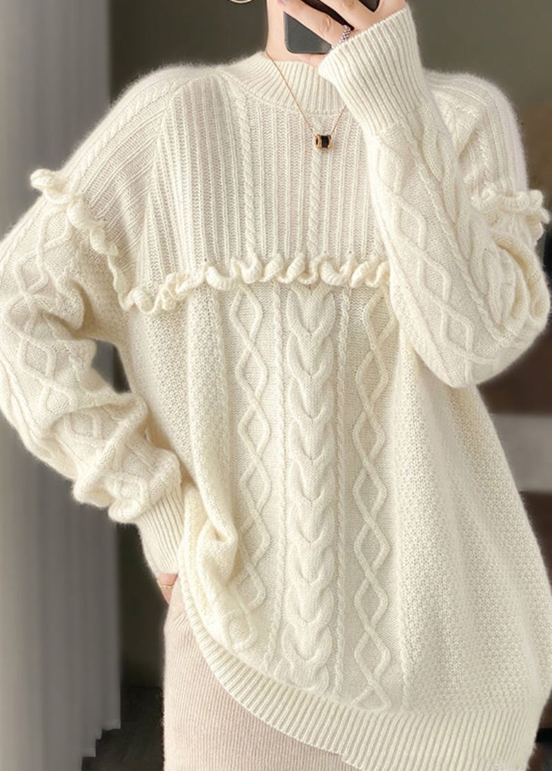 Hvit Ruffled Patchwork Koselig Ullstrikket Pullover O Neck Spring - Ullkåper for kvinner