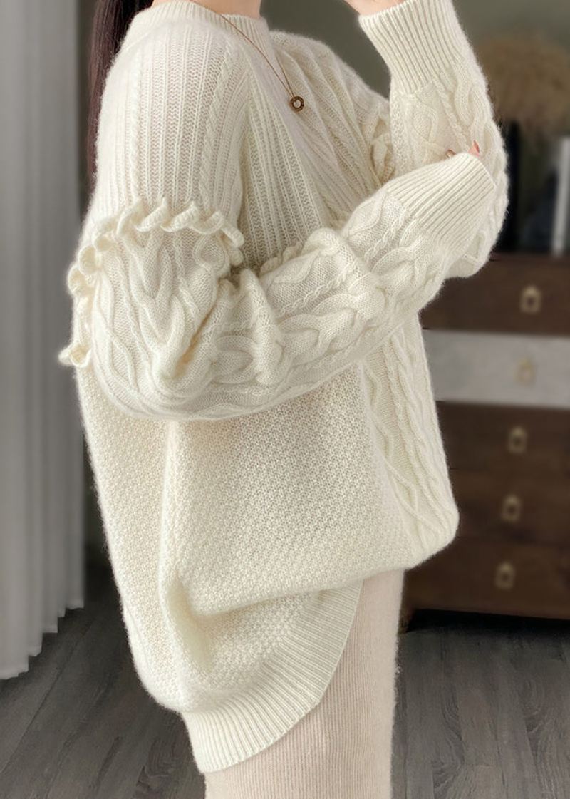 Hvit Ruffled Patchwork Koselig Ullstrikket Pullover O Neck Spring - Ullkåper for kvinner