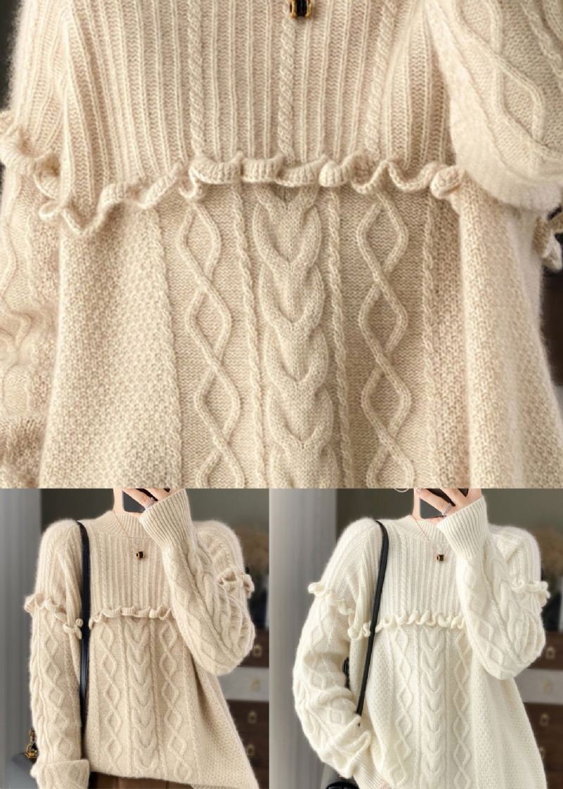 Hvit Ruffled Patchwork Koselig Ullstrikket Pullover O Neck Spring - Ullkåper for kvinner