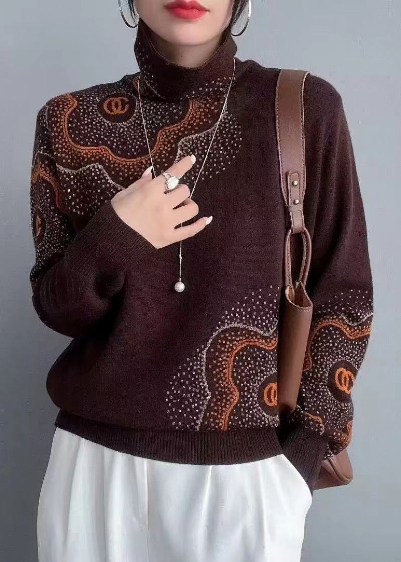 Italiensk Kaffe Turtleneck Zircon Patchwork Ull Strikket Gensere Høst