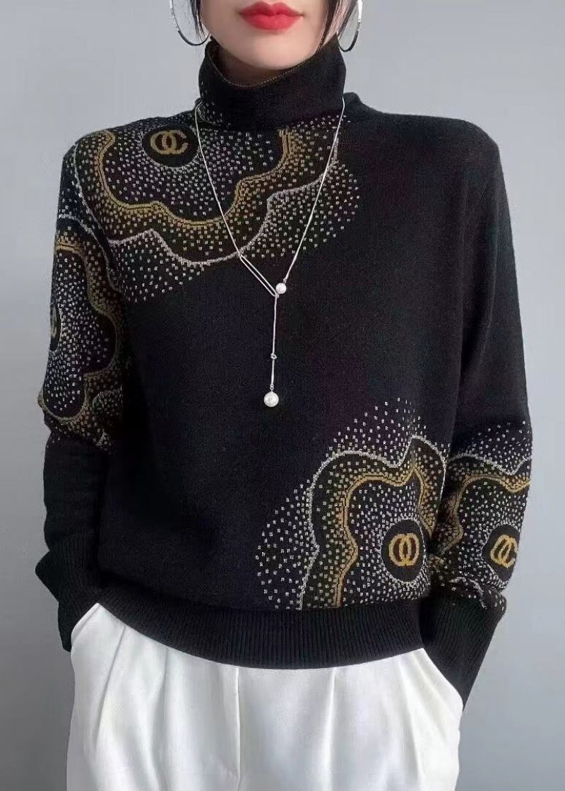 Italiensk Kaffe Turtleneck Zircon Patchwork Ull Strikket Gensere Høst - Ullkåper for kvinner