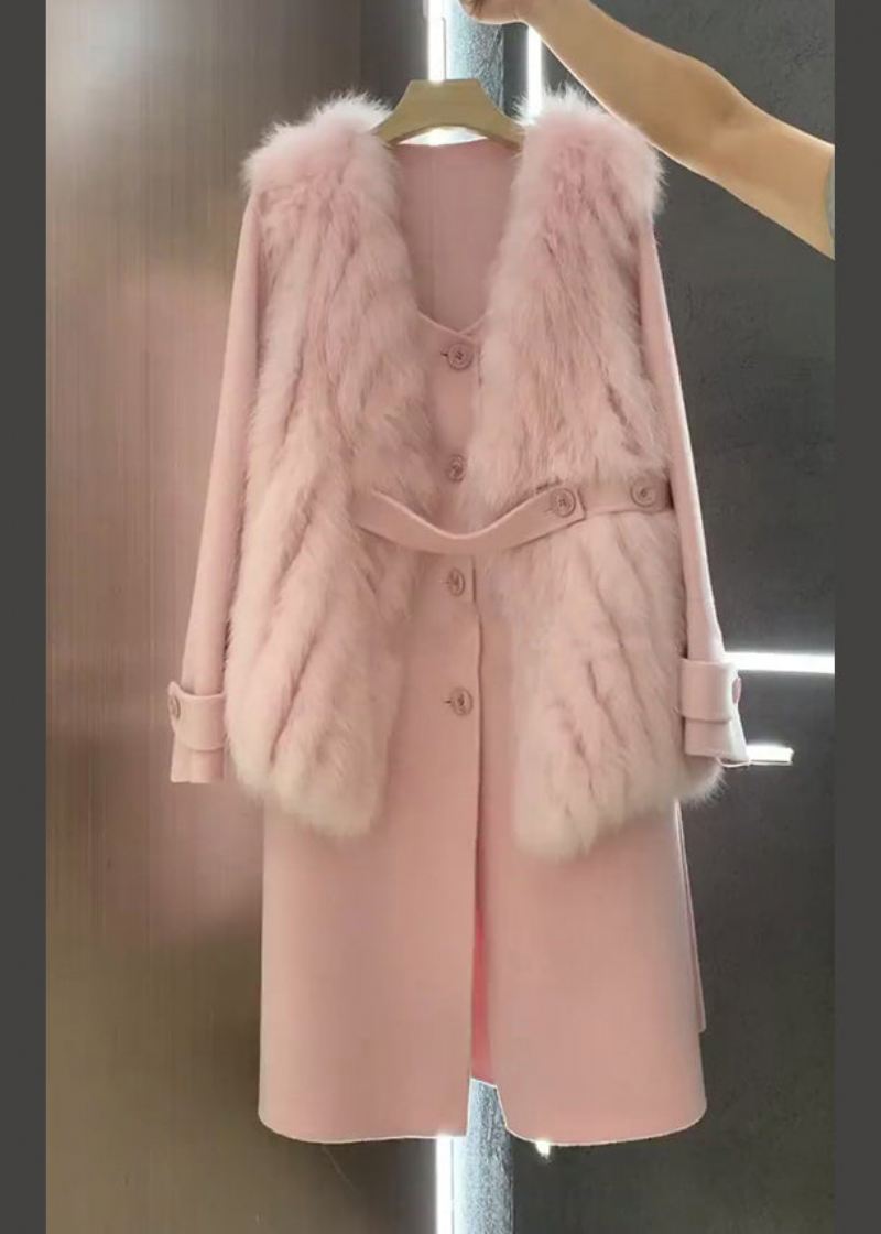 Italiensk Rosa Fuzzy Pels Fluffy Vest Og Kåpe Ullsett 2 Stk Vinter