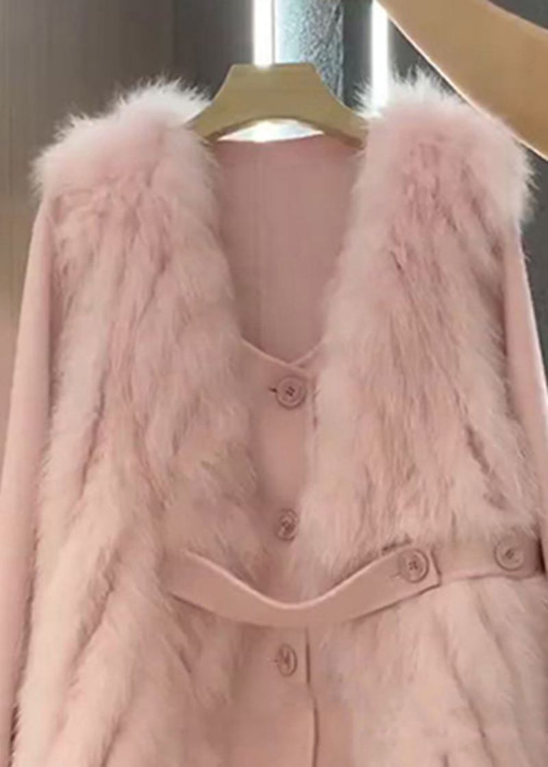 Italiensk Rosa Fuzzy Pels Fluffy Vest Og Kåpe Ullsett 2 Stk Vinter - Ullkåper for kvinner