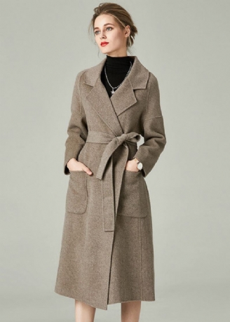 Khaki Solid Woolen Warp Coats Peter Pan Krage Sashes Vinter