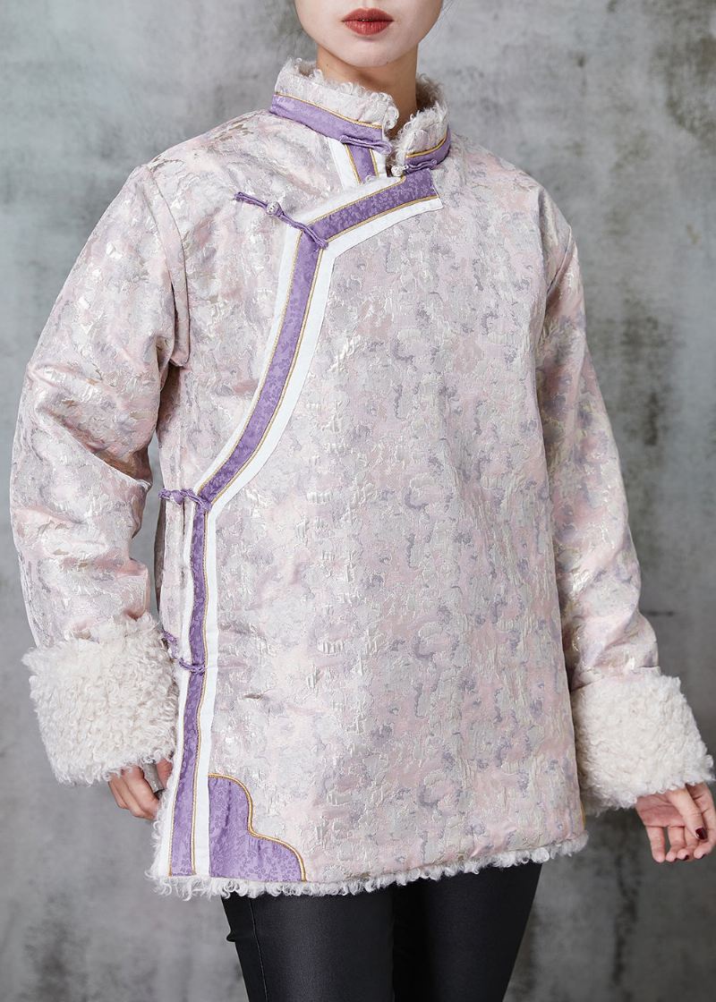 Kinesisk Stil Rosa Jacquard Fleece Ull Fôret Kåper Våren - Ullkåper for kvinner