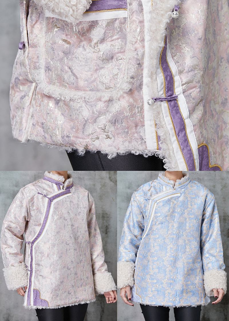 Kinesisk Stil Rosa Jacquard Fleece Ull Fôret Kåper Våren - Ullkåper for kvinner