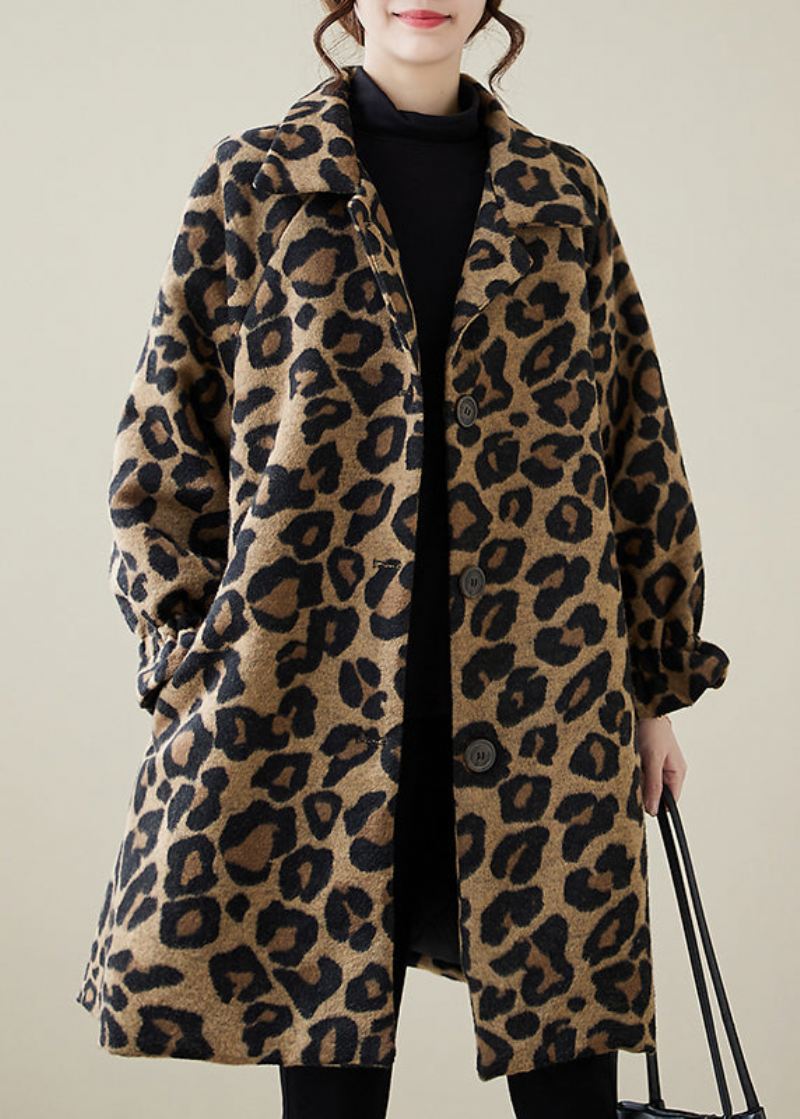 Klassisk Khaki Oversized Leopard Print Ullfrakker Vinter