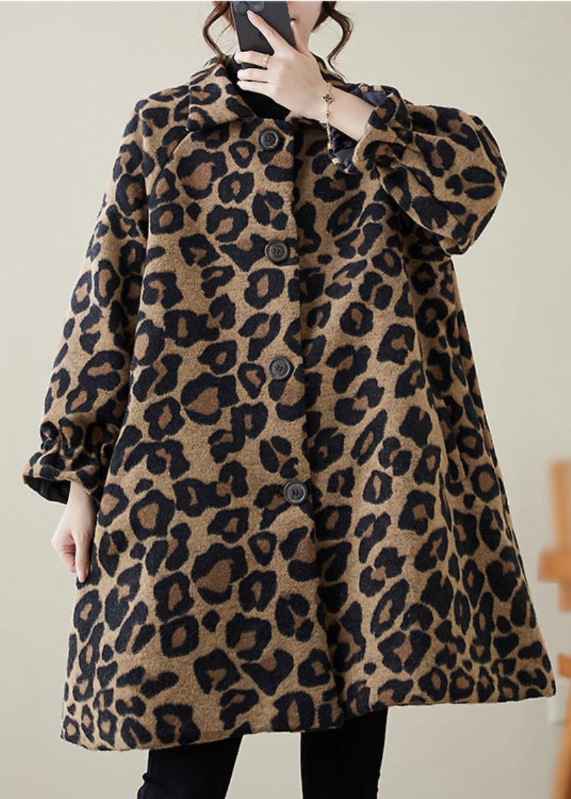 Klassisk Khaki Oversized Leopard Print Ullfrakker Vinter - Ullkåper for kvinner