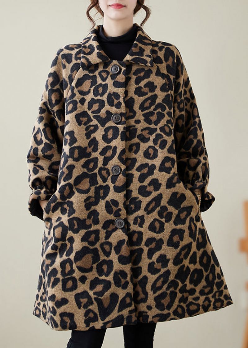 Klassisk Khaki Oversized Leopard Print Ullfrakker Vinter - Ullkåper for kvinner