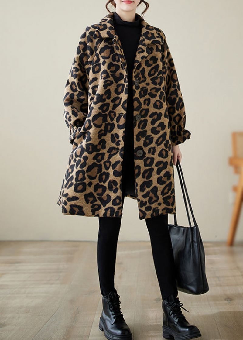 Klassisk Khaki Oversized Leopard Print Ullfrakker Vinter - Ullkåper for kvinner