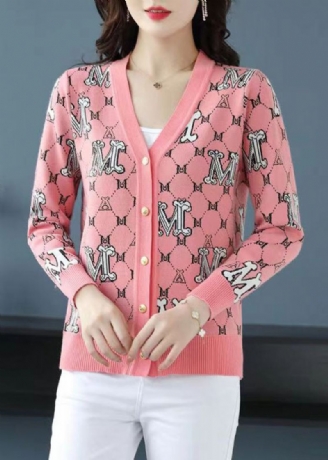 Klassisk Rosa V-hals Jacquard Patchwork Ull Løse Cardigans Høst