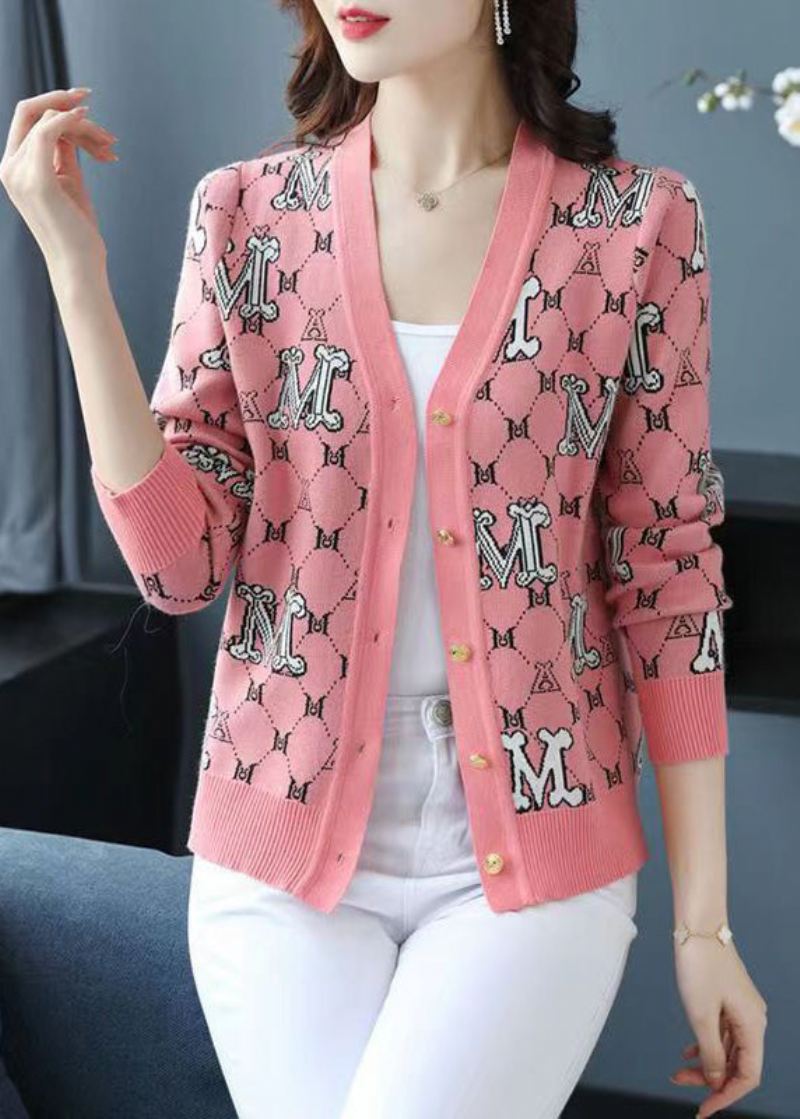 Klassisk Rosa V-hals Jacquard Patchwork Ull Løse Cardigans Høst - Ullkåper for kvinner