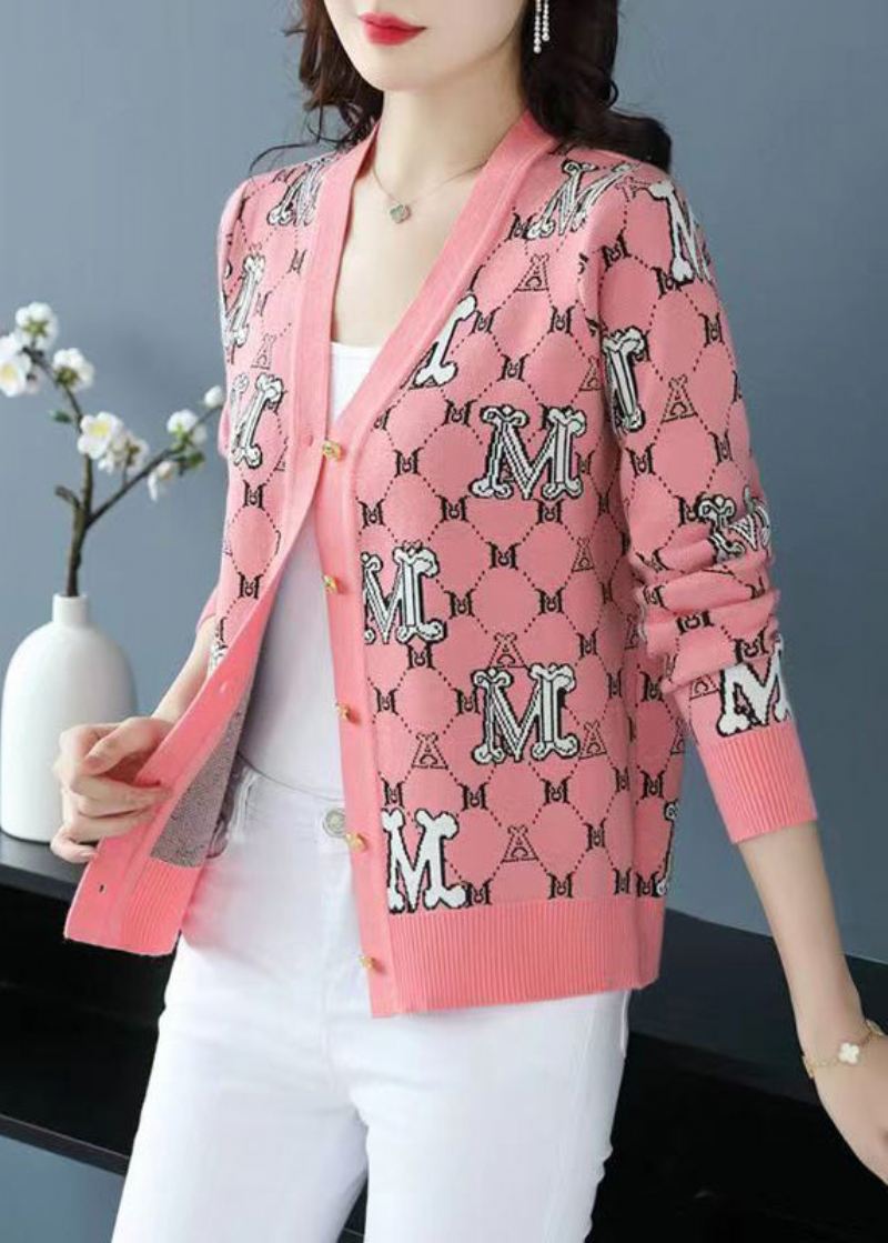 Klassisk Rosa V-hals Jacquard Patchwork Ull Løse Cardigans Høst - Ullkåper for kvinner