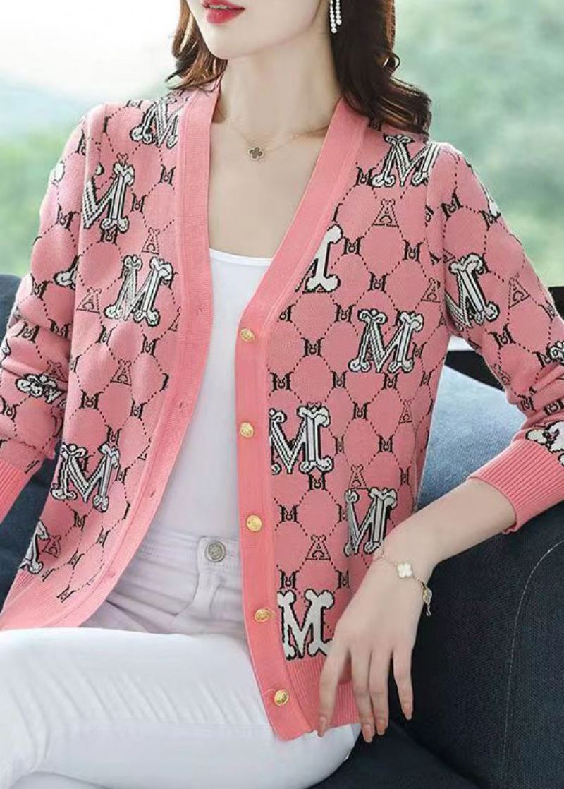 Klassisk Rosa V-hals Jacquard Patchwork Ull Løse Cardigans Høst - Ullkåper for kvinner