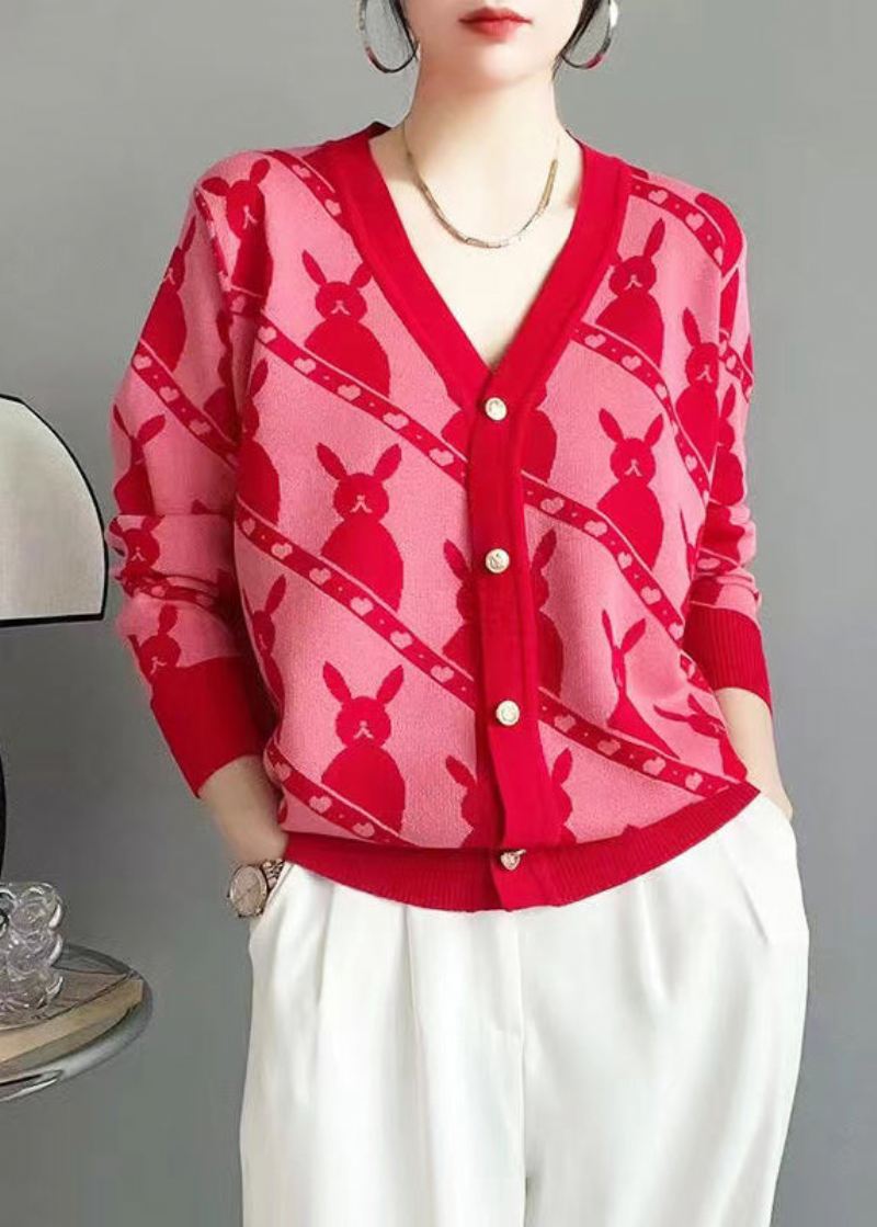 Klassisk Rose V-halsknapp Jacquard Ullcardigan Fall