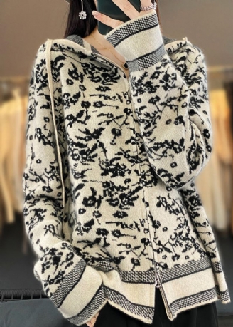 Kvinner Beige Hette Med Glidelås Print Ull Strikk Coat Langermet