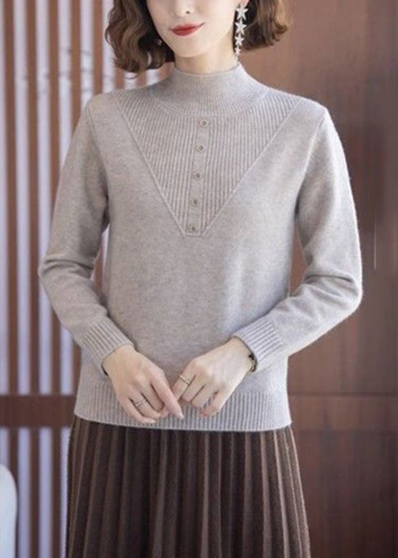 Kvinner Beige Turtleneck Solid Wool Strikke Topper Langermet - Ullkåper for kvinner