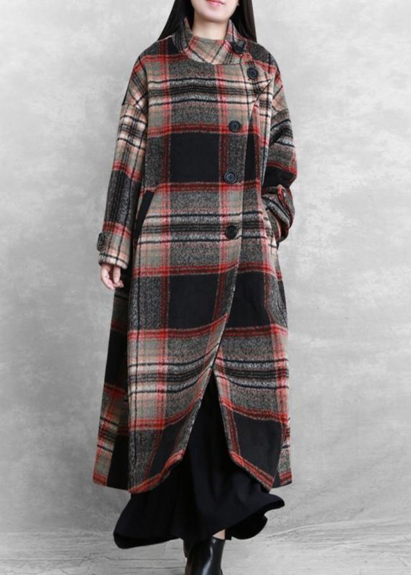 Kvinner Casual Lange Jakker Kåper Svart Rutete Slips Midje Asymmetrisk Woolen Coat - Ullkåper for kvinner