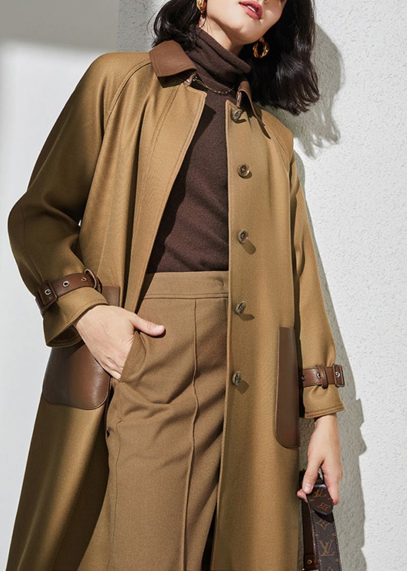 Kvinner Khaki Peter Pan Kragelommer Patchwork Button Ull Trench Coat Spring - Ullkåper for kvinner