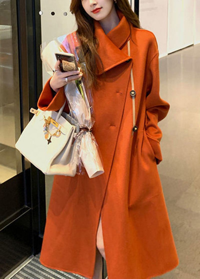 Kvinner Oransje Asymmetrisk Tie Midje Ull Trench Fall