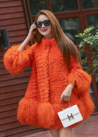 Kvinner Oransje Fluffy Patchwork Ullfrakk Vinter